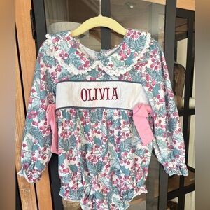 Olivia Bubble Christmas long sleeve lace embroidered monogram smock mistletoe